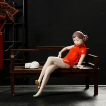 Dehua white porcelain lady ornaments Colored porcelain classical beauty creative home living room entrance ornament crafts