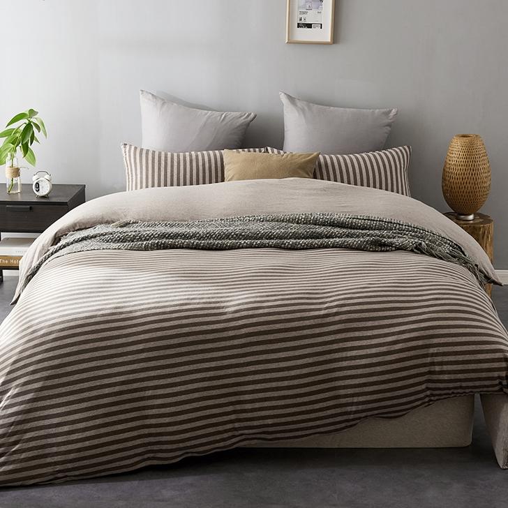 无印良品绿野山谷床上用品四件套全纯棉日式床笠款简约条纹