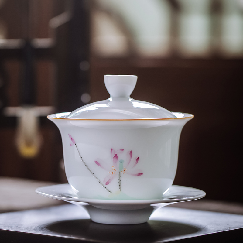 Jingdezhen ceramic sweet white tea set hand - made only three tureen tea cup single them thin body large bowl