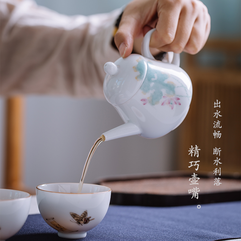 Pure hand draw lotus tea one single mini teapot for a single small white porcelain handle hand grasp pot of jingdezhen