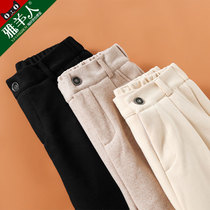 Thick woolen pants childrens autumn and winter high-waisted grandma pants outside the straight tube casual radish plus velvet suit Haren pants
