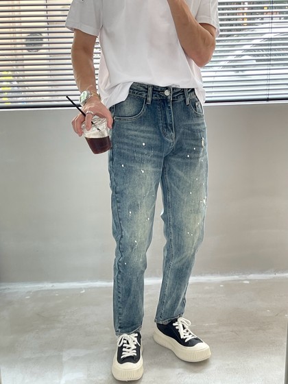 Washed painted jeans men's slim feet straight and high-end fashion brand personalized fashion men's casual pants Washed painted jeans men's slim feet straight and high-end fashion brand personalized fashion men's casual pants