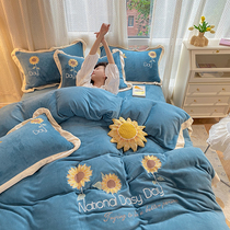 2022 new light luxury milk velvet four-piece set solid color embroidery high-end sense flannel thickened plus velvet bed sheet quilt cover