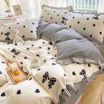 Cotton bed four-piece set small fresh cotton princess style bedding three-piece warm printing bowknot four-piece set