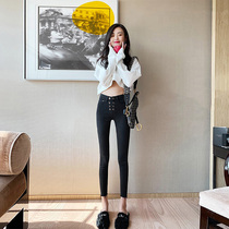 Black double-breasted high-waisted jeans womens nine points 2022 spring and autumn new Korean style chic skinny slim pants