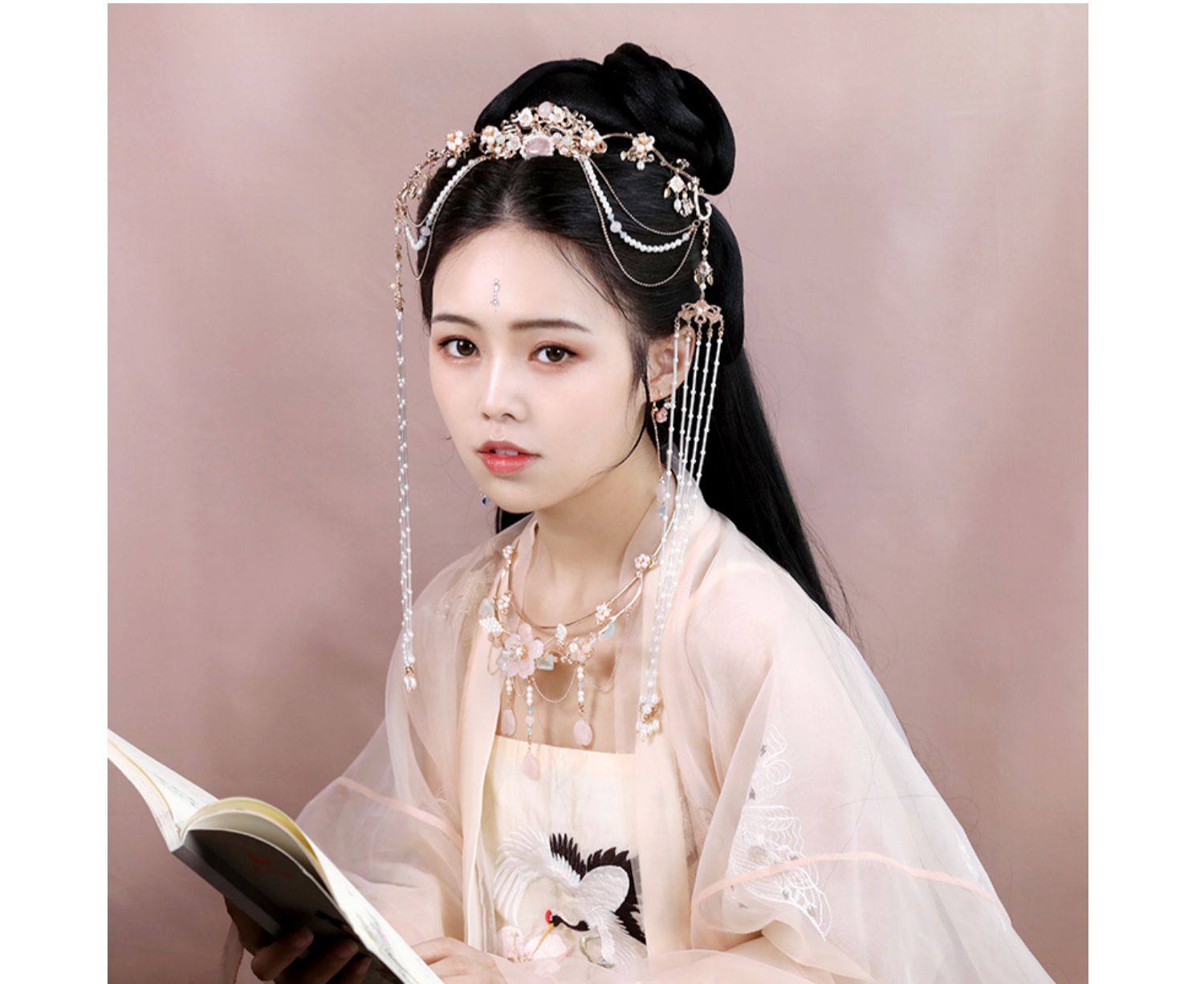 复流苏新娘长古风发冠发簪秀禾发饰头冠宋制汉服头饰全新[网聚特