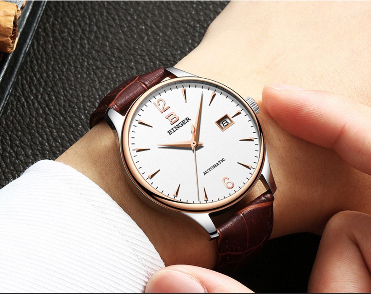 binger宾格手表男士全自动机械表绅士钢带本色黑面时尚防水男表