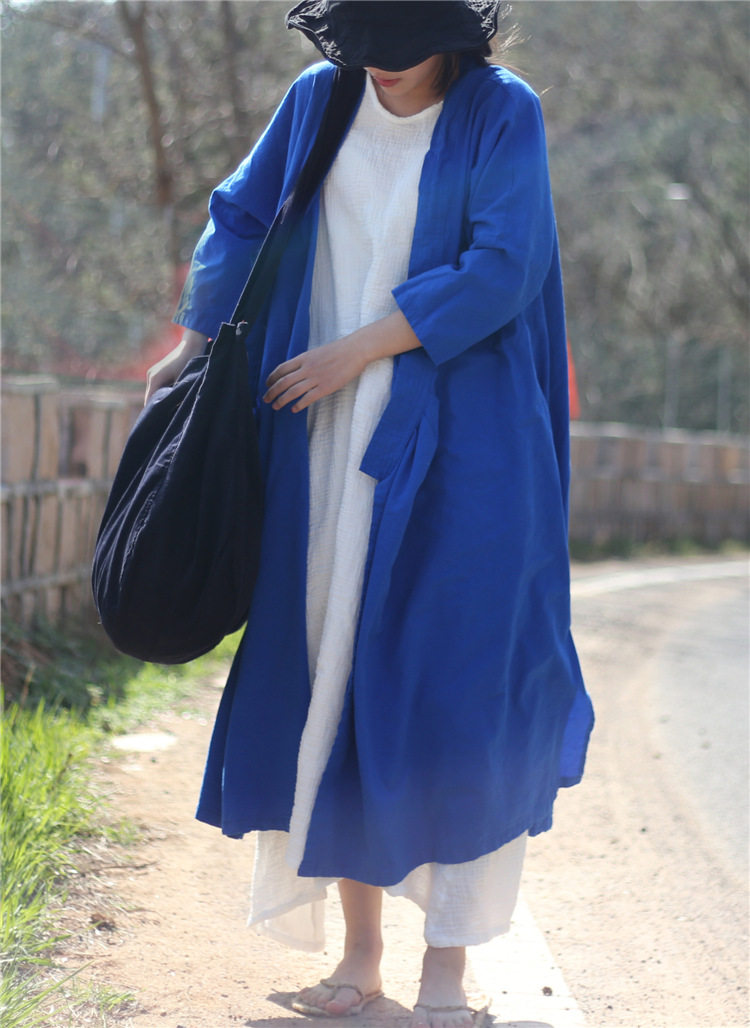 棉麻不规则复古僧袍连衣裙斜襟系带v领大码宽松开叉外穿长裙袍子