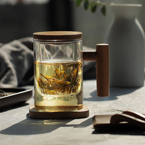Office Home with wood Leaves Heat Resistant Transparent Glass Cup Bubble Flower Tea Cup Creative Tasting Cup Tea Water Separation Filter Cup