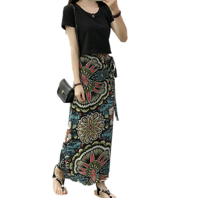 Summer floral long skirt 2024 new hip-hugging skirt bohemian lace-up wrap skirt one-piece chiffon skirt for women