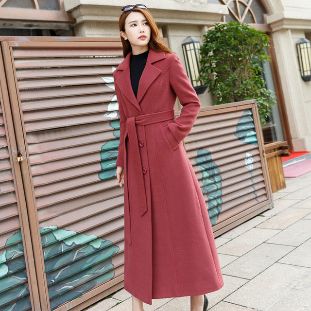 Cashmere coat ຍາວຂອງແມ່ຍິງດູໃບໄມ້ລົ່ນແລະລະດູຫນາວແບບໃຫມ່ໃນໄລຍະຫົວເຂົ່າສູງ, ຄໍເຕົ້າໄຂ່ທີ່ເກົາຫຼີ slim ຂະຫນາດໃຫຍ່ຂະຫນາດພິເສດ woolen ຫນາ.
