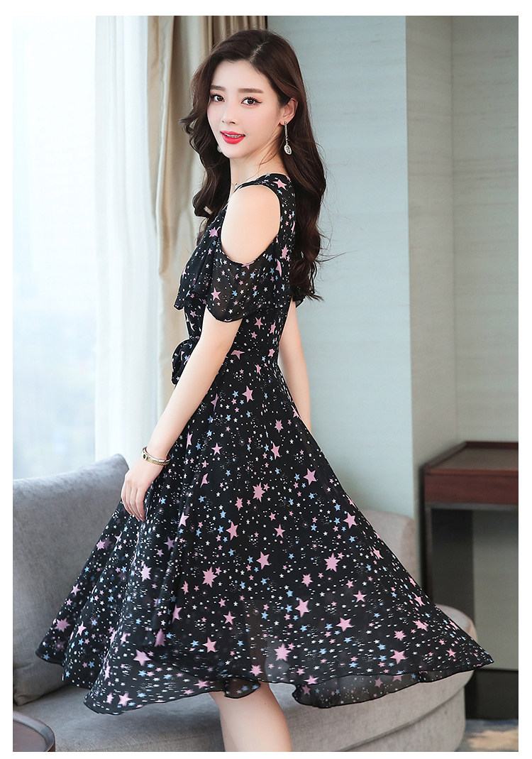 实拍裙子女士夏季中长款气质韩版女装修身露肩印花雪纺连衣裙