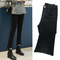 Korean miniature jeans women's new high-waist straight barrel loose and thin and velvet black horn pants in autumn 2022