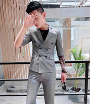 2021 summer tooling casual suit suit men slim short sleeve small suit personality temperament striped mens two sets