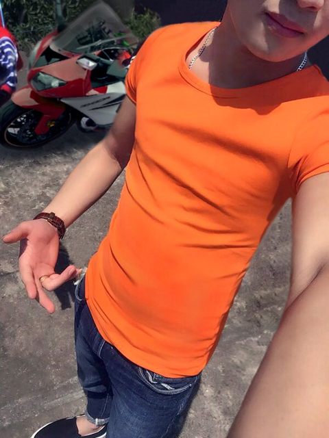 Social Youth Boy T-shirt Men's Short Sleeve Korean Simple Slim Fit Cotton Tight Orange Men's Top Social Youth Boy T-shirt Men's Short Sleeve Korean Simple Slim Fit Cotton Tight Orange Men's Top