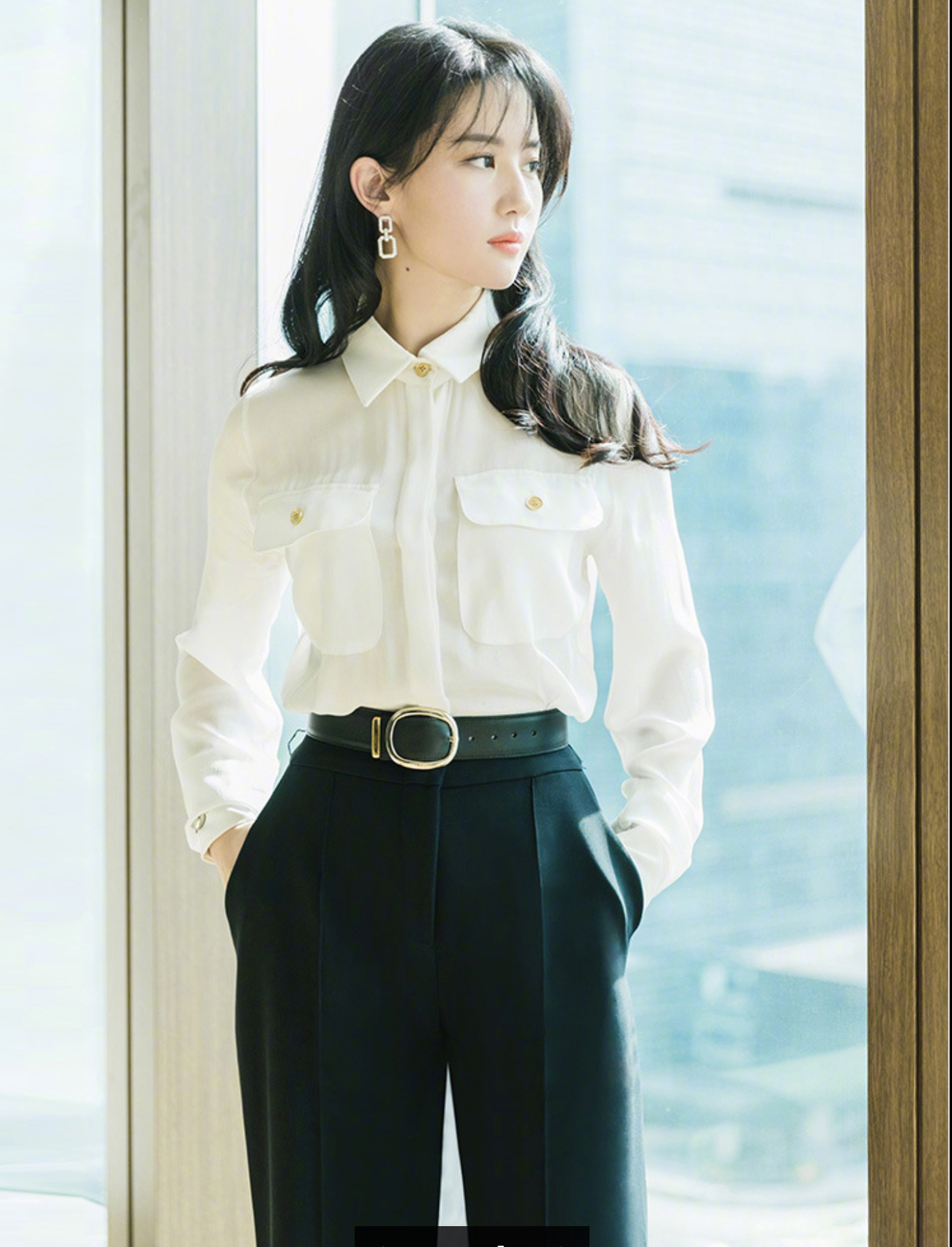 刘亦菲明星同款白色衬衣 简约黑色腰带长裤两件套ol套装 - 17网