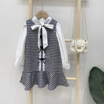 Girls Set 2021 Spring and Autumn New Bow Blouse Thousand Bird grid vest dress children small fragrant wind two-piece tide