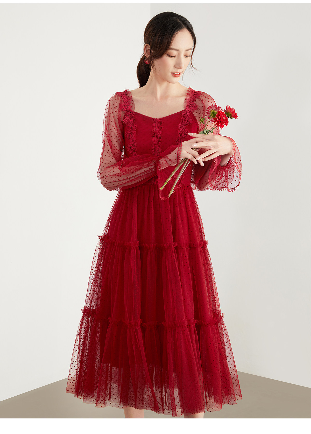 红颜春秋新款复古连衣裙女气质长裙超仙小红裙礼服裙女宴会