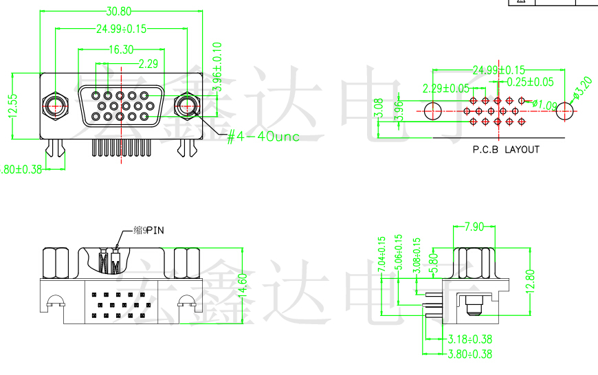 vga插座 dr15p 母座母头 三排15针90度弯脚 焊板式 db15孔 3.08