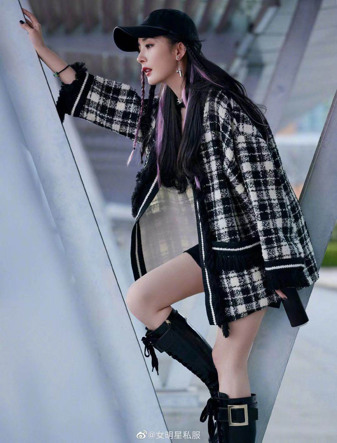 2021春杨幂明星同款小香风粗花呢流苏外套千鸟格子开衫