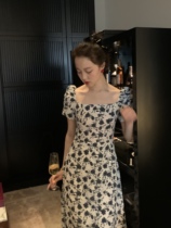 Vis Golden Daisy French retro floral dress female summer waist slim goddess fan bubble sleeve long skirt