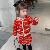 2023 Girls' new little fragrant sweater Korean version of the children's suit baby long-sleeved top skirt two sets