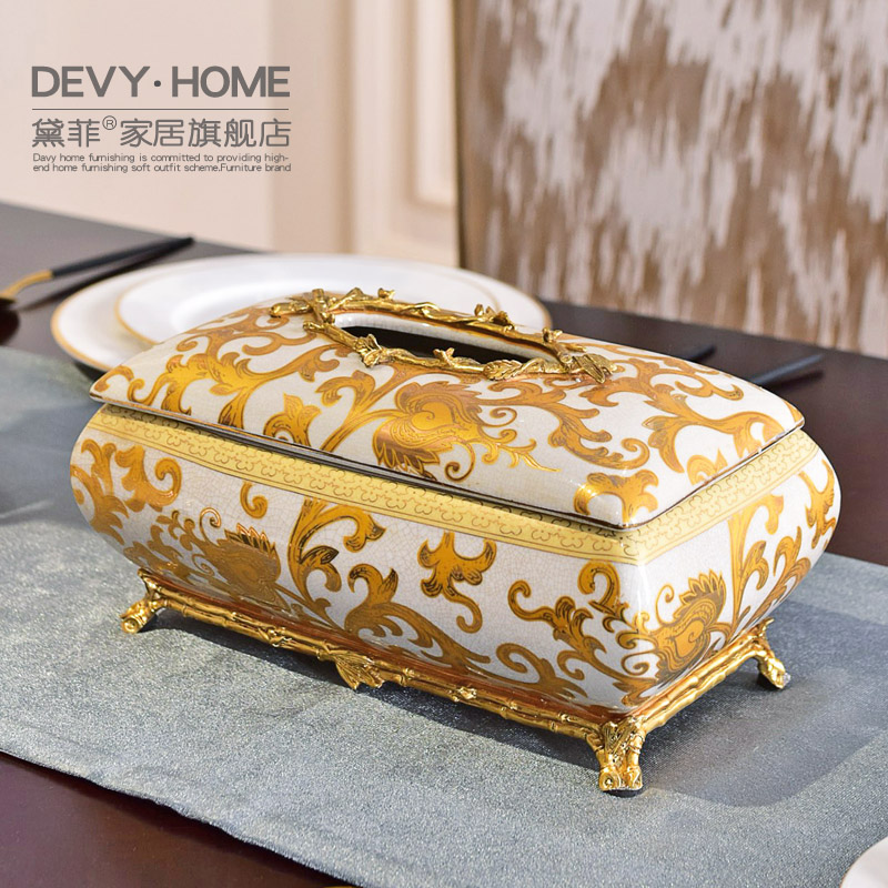 American European - style key-2 luxury ceramic metal tissue boxes sitting room, dining - room smoke box household light tea table to receive key-2 luxury decoration