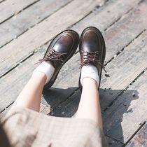 QIBUFOREST large round head cowhide college flat small leather shoes 2021 spring new lace-up female student Martin single shoes