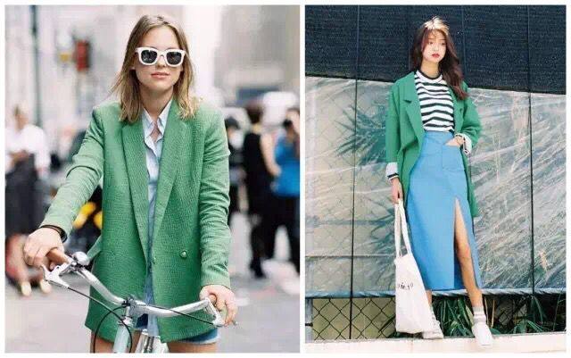 一件绿色卫衣加有特色的蓝半裙就能搞定一个造型.