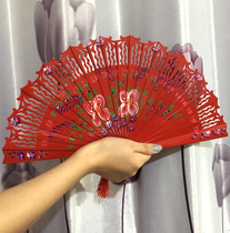 Double sided process fan wooden fan Spanish group dance fan walking show dancing female fan Gift folding fan qipao retro