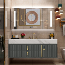 Modern light luxury bathroom cabinet solid wood toilet wash table combination rock board Sink Pink Oak Sink