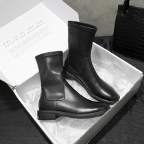 2020 leather boots womens British style Knight boots Flat womens boots thin stretch boots Versatile handsome spring and autumn boots