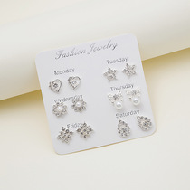Japan-ROK Temperament Inlay Fashion Week Ear Nail Minimalist Geometry 6 Pairs of mix Mix Student Silver Earrings Suit