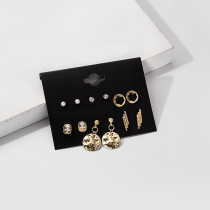 Japan and South Korea fresh Joker Earrings retro Pearl Rhinestone circle round personality micro inset fashion 6 pairs of earrings