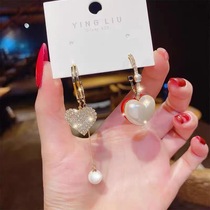 Asymmetrical Pearls of Love Flow Su Earrings Long-style Inlaid Drill Ultra Shiny Japan-ROK Temperament Personality Exaggerated light and luxurious