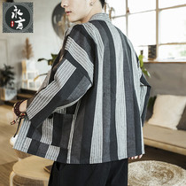 cotton linen short sleeve tang coat men's chinese style striped tea jacket youth large size breathable sun protection clothing half sleeve outerwear
