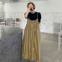 Fashion small suit womens wild solid color loose short T-shirt summer suspender dress age-reducing two-piece set