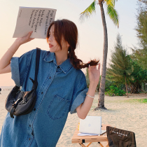 2021 summer net red loose retro denim skirt female Korean version of the large size shirt skirt lazy wind extra long dress