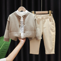 Childrens wear 2021 new spring and autumn suit for boys and babies Korean version of foreign style leisure sweater three-piece set