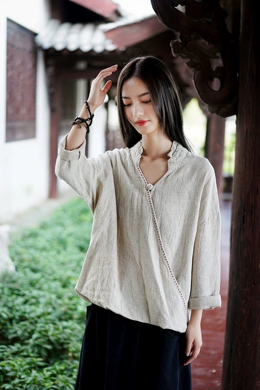 Quốc gia phong cách retro trà thiền quần áo cotton và vải lanh của phụ nữ áo nút đĩa Văn hóa truyền thống Trung Quốc Áo sơ mi vải lanh dài tay Phật giáo - Áo sơ mi dài tay