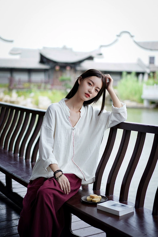 Quốc gia phong cách retro trà thiền quần áo cotton và vải lanh của phụ nữ áo nút đĩa Văn hóa truyền thống Trung Quốc Áo sơ mi vải lanh dài tay Phật giáo - Áo sơ mi dài tay