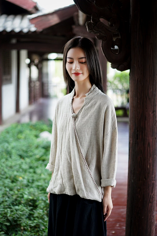 Quốc gia phong cách retro trà thiền quần áo cotton và vải lanh của phụ nữ áo nút đĩa Văn hóa truyền thống Trung Quốc Áo sơ mi vải lanh dài tay Phật giáo - Áo sơ mi dài tay