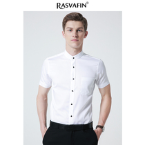 men's short sleeve business casual slim fit round neck 100% cotton non-slip stand collar silk cotton shirt