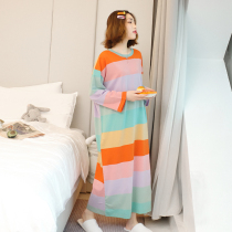 Night dress womens autumn and winter long-sleeved cotton Korean version of cute rainbow stripes sweet loose pajamas spring and autumn home clothes