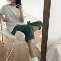 Korean plaid cotton pajamas womens summer casual sweet plus size loose short sleeve home clothes Female student suit