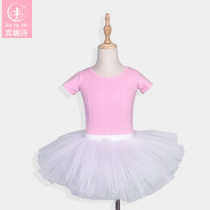 Children Dance Suit Summer Short Sleeve Suit Split Dance Yarn Dress White Half Body Practice Ballet Dresses Pink Dress Pink
