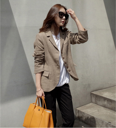 2020年春秋季亞麻質韓版小西裝外套女士駝色薄款短款文藝上衣休⊙閑