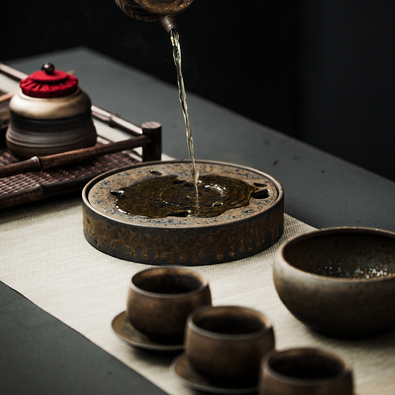 Japanese coarse pottery checking retro ceramic water dry ground plate office tea zen ink tea tea pot bearing