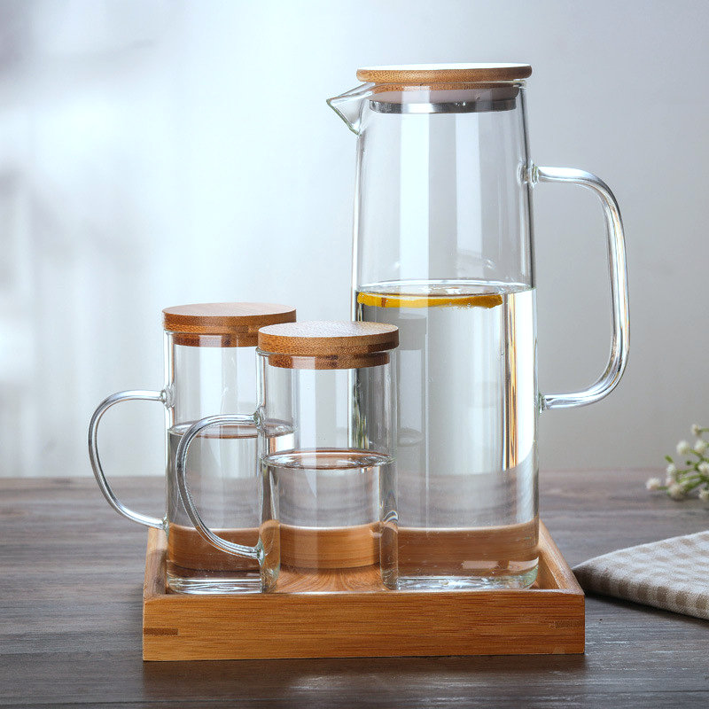 Nordic cold wind heat - resistant glass teapot cool water kettle set of suit with bamboo juice pot cover glass cups