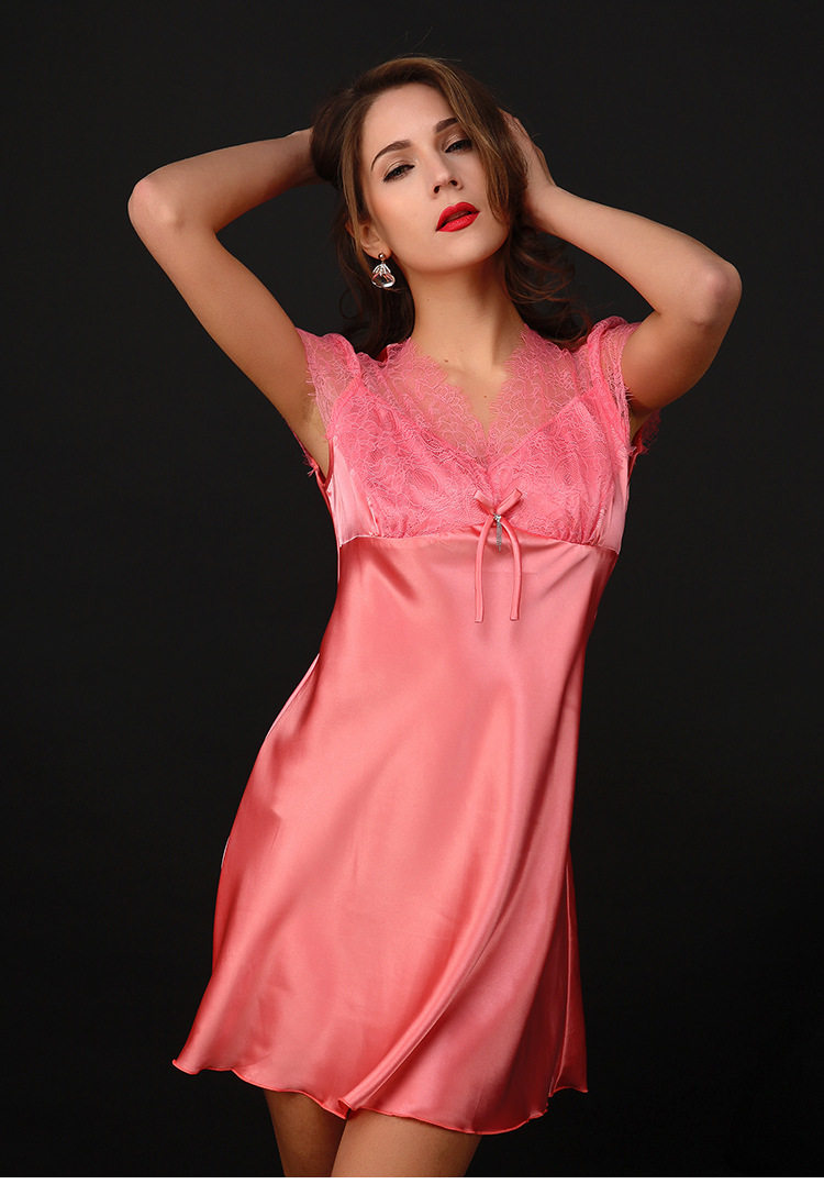 春夏季新款真丝睡裙女蚕丝绸睡衣性感蕾丝深v睡衣 高档家居服包邮